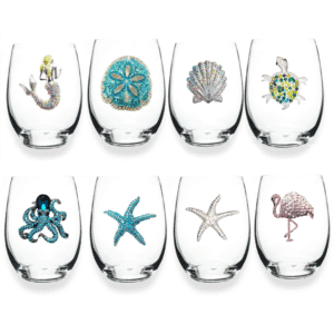 Bejeweled Sea Life Stemless Wine Glass - Flamingo, Octopus, Shell, Sand Dollar, Mermaid, Sea Turtle, or Sea Stars