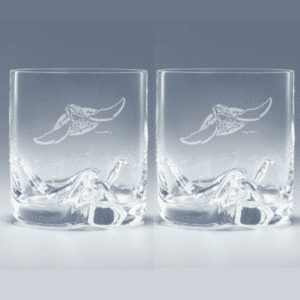 Set of 2 Wave Bottom Crystal Rocks Glasses with Wyland's Carved Sea Turtle
